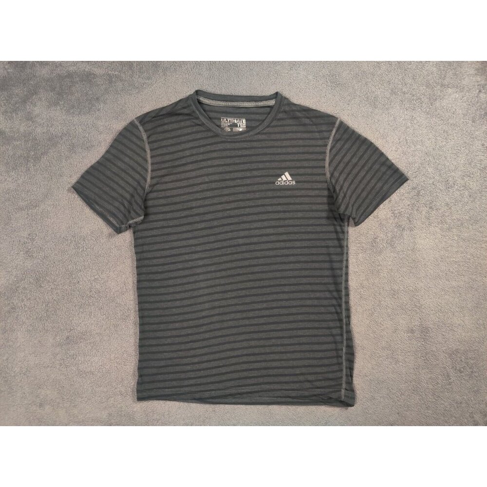 Adidas Shirt Adult Mens Small Gray Striped Spell Out Logo Short Sleeve